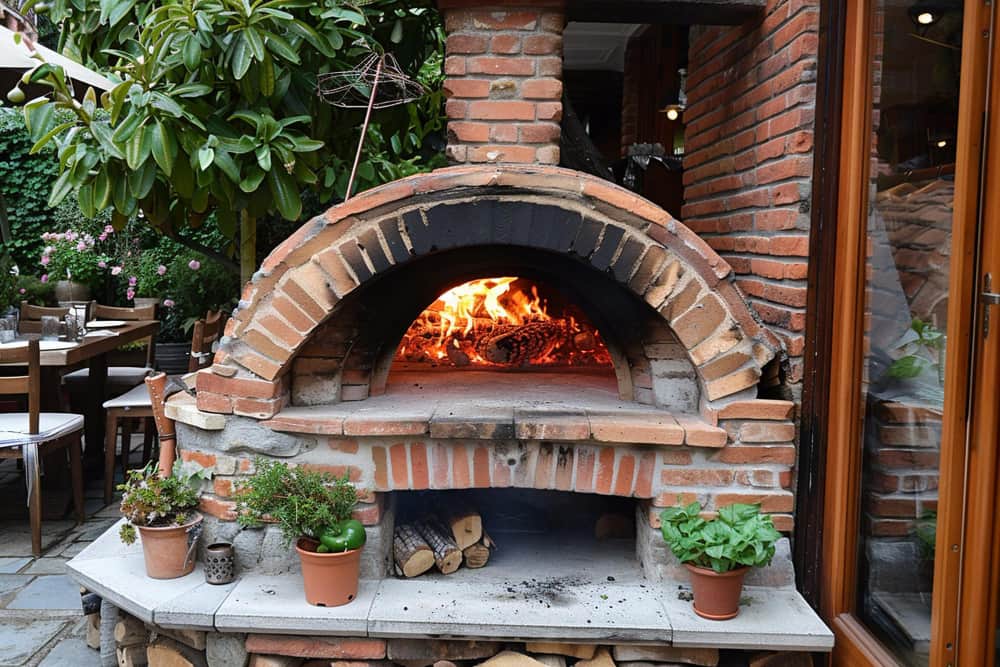 Photographie de style rustique montrant un four à bois extérieur traditionnel en briques avec un feu ardent à l'intérieur, situé sur une terrasse de jardin arborée avec des herbes en pot et du bois de chauffage à la base.