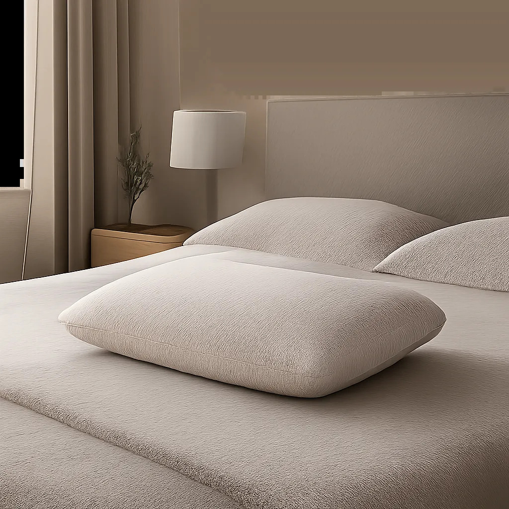 Illustration d’un oreiller rectangulaire premium dans une chambre élégante et apaisante. L’image évoque le soutien, la polyvalence et le confort pour différentes positions de sommeil.