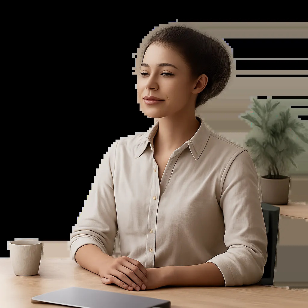 Une pause de cohérence cardiaque dans un environnement de travail apaisé. Elle illustre une récupération active simple pour mieux gérer le stress et retrouver sa concentration.